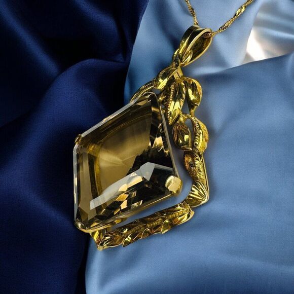MASSIVE 18k Gold- 30.54 Carat Citrine Necklace -29"-Mid Century- 750 Gold -14.7g - Picture 6 of 7